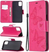 Voor LG K42 Two Butterflies Embossing Pattern Horizontale Flip Leather Case met houder & kaartsleuf & portemonnee & Lanyard (Rose Red)