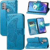 Voor Motorola Moto G30 / G10 Butterfly Love Flower Reliëf Horizontale Flip Leather Case met Bracket & Card Slot & Wallet & Lanyard (Blue)