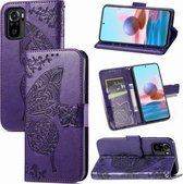 Voor Xiaomi Redmi Note 10 4G Butterfly Love Flower Reliëf Horizontale Flip Leather Case met Bracket & Card Slot & Wallet & Lanyard (Dark Purple)