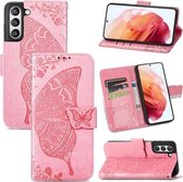 Voor Samsung Galaxy S21 FE Vlinder Liefde Bloemen Reliëf Horizontale Flip Lederen Case met Houder & Kaartsleuven & Portemonnee & Lanyard (Roze)