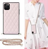 Elegant ruitpatroon van microvezelleer + TPU-schokbestendig hoesje met crossbody-riemketting voor iPhone 11 Pro (roze)