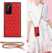 Voor Huawei P40 Elegant Rhombic Pattern Microfiber Leather + TPU Shockproof Case met Crossbody Strap Chain (Rood)