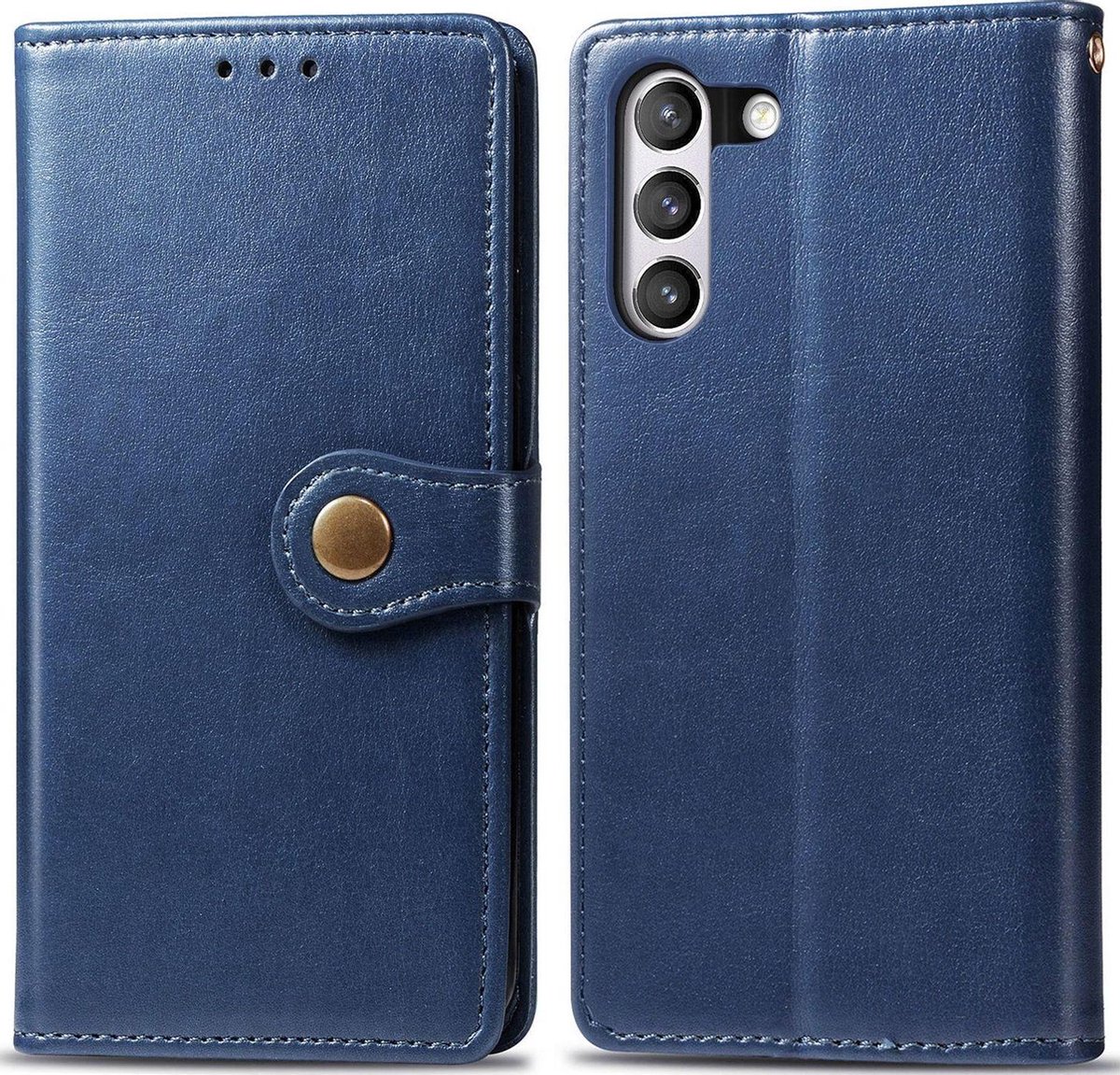 Mobigear Telefoonhoesje geschikt voor Samsung Galaxy S21 FE Hoesje | Mobigear Snap Button Bookcase Portemonnee | Pasjeshouder voor 3 Pasjes | Telefoonhoesje voor Pinpas / OV Kaart / Rijbewijs - Blauw