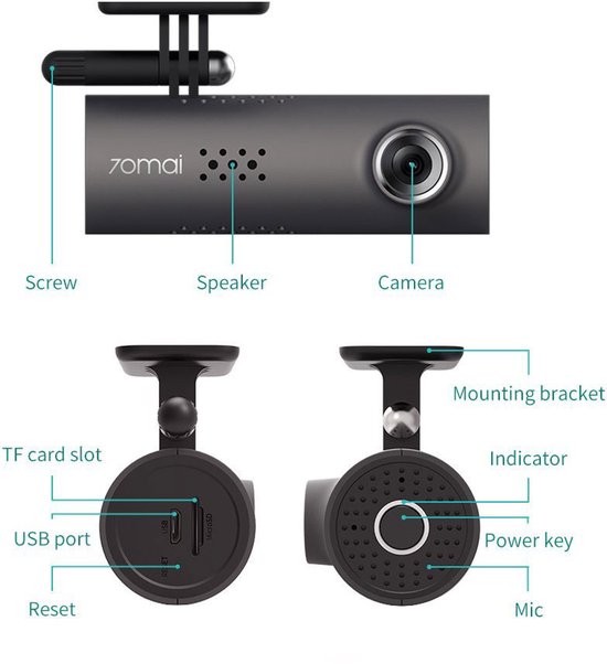 Gedetailleerde afbeelding van de 70Mai dashcam met labels: schroef, speaker, camera, TF-kaartsleuf, USB-poort, reset, montagebeugel, indicator, aan/uit-knop, microfoon.