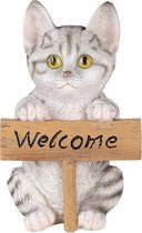 Clayre & Eef Beeld Kat 12x9x19 cm Wit Grijs Polyresin Welcome Woonaccessoires