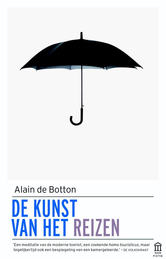 Voorpagina van 'De kunst van het reizen' door Alain de Botton, met een open zwarte paraplu.