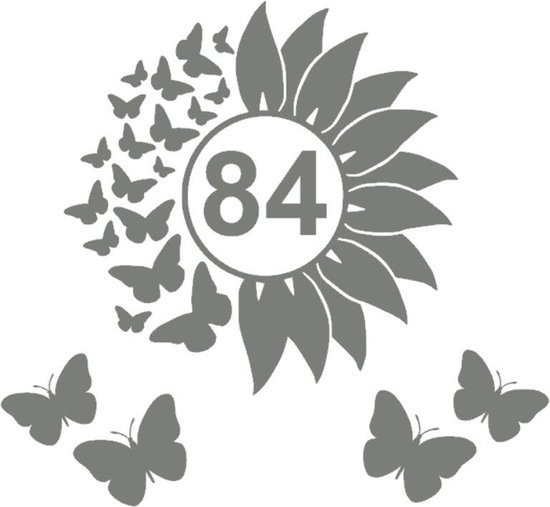 Grijze zonnebloem sticker met vlinders en het cijfer 84.