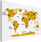Wereldkaart Dieren Per Continent Geel - Canvas 80x60