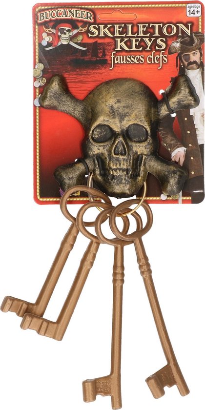 Rubies Set piraten sleutels 4x met doodshoofd - verkleed accessoires - kinderen/volwassenen - schatkist sleutels