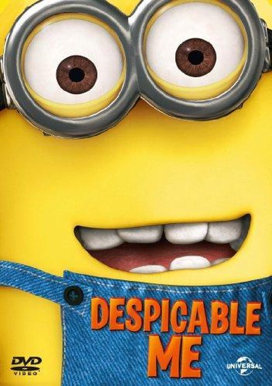 Gele Minion met bril en blauwe tuinbroek, logo Despicable Me.