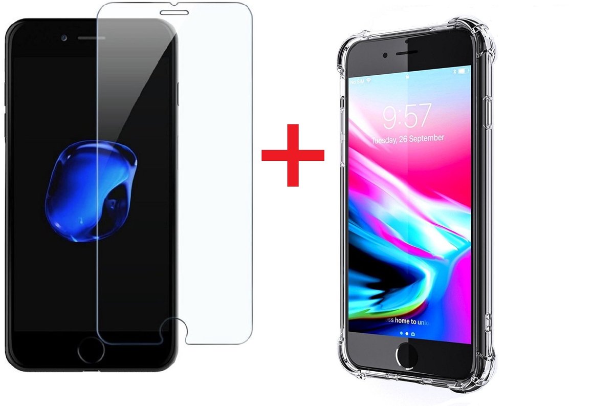Ntech hoesje Geschikt voor iPhone 8 / 7 Screenprotector Tempered Glass + Anti Shock Hoesje