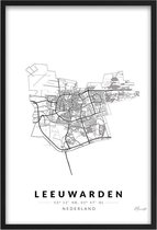 Poster Stad Leeuwarden - A4 - 21 x 30 cm - Inclusief lijst (Zwart Aluminium)