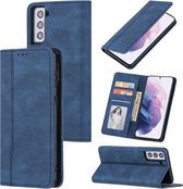 Voor Samsung Galaxy S21 5G Huid Voelen Druk Lijn Magnetische Horizontale Flip Lederen Case met Houder & Kaartsleuf & Portemonnee & Fotolijst (Blauw)