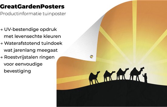 Tuinposter 90x60 cm - Tuindecoratie Illustratie van een groep dromedarissen - Poster voor in de tuin - Buiten decoratie - Schutting tuinschilderij - Tuindoek muurdecoratie - Wanddecoratie balkondoek