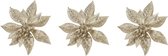 3x stuks decoratie bloemen kerststerren champagne glitter op clip 15 cm - Decoratiebloemen/kerstboomversiering