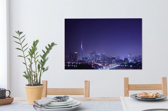 Skyline nocturne de la ville japonaise de Fukuoka Toile 90x60 cm - Tirage photo sur toile (Décoration murale salon / chambre) / Villes asiatiques Peintures sur toile