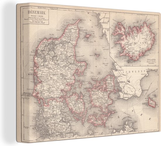 Une illustration d'une ancienne carte du Danemark sur toile 80x60 cm - Tirage photo sur toile (Décoration murale salon / chambre)