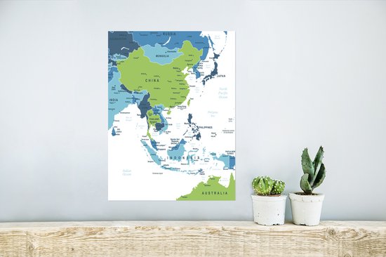 Carte de l' Asie en vert et bleu sur fond blanc 30x40 cm - petite