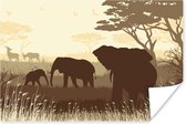 Poster Illustratie van Afrikaanse olifanten met antilopen - 30x20 cm
