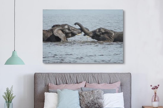 Deux éléphants lavés dans la rivière sur toile 2cm 180x120 cm - Tirage photo sur toile (Décoration murale salon / chambre) / Animaux sauvages Peintures sur toile XXL / Groot format!