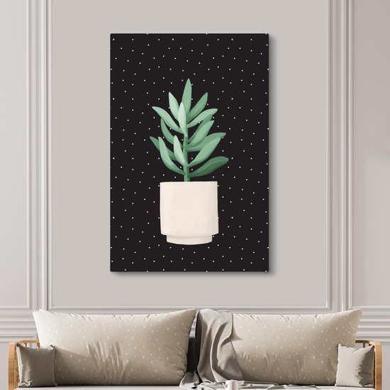 Illustration d'une succulente aux feuilles gris-vert sur fond noir à pois blancs 120x180 cm - Tirage photo sur Toile (Décoration murale salon / chambre) XXL / Groot format!