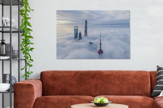 Canvas Schilderij Wolkenkrabber - Mist - Shanghai - 120x80 cm - Wanddecoratie