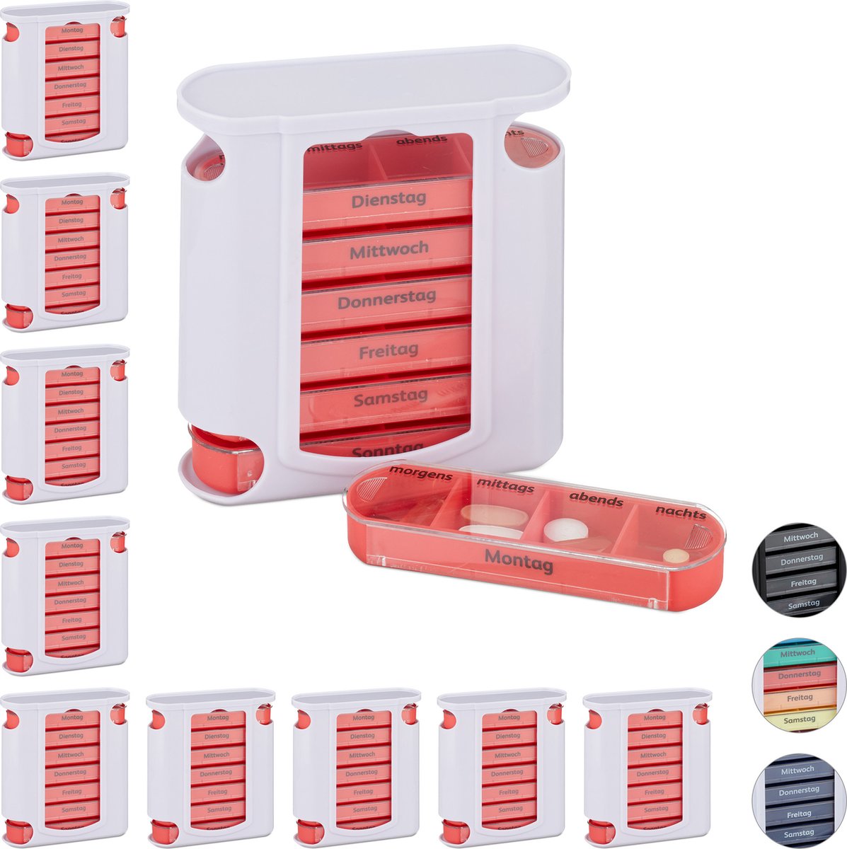 Goedkoopste 10x pillendoos 7 dagen wit-rood - 4 vakken - medicijndoosje - pillendoosje - Duits