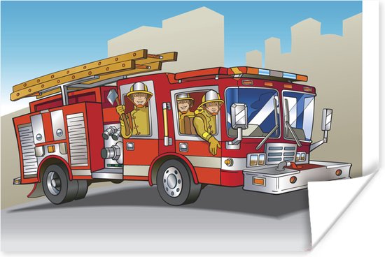 Poster Kinderillustratie van brandweermannen in brandweerauto - 90x60 cm