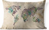 Buitenkussens - Tuin - Wereldkaart met paarse waterverf versierd met tropische bladeren - 60x40 cm