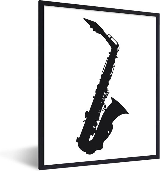 Fotolijst Incl Poster Tekening Van Een Zwart Silhouet Van Een Saxofoon 60x80 Cm