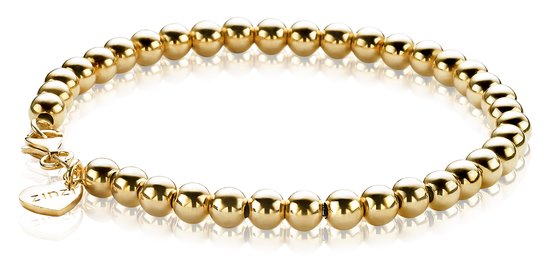 Gouden armband met kleine, glanzende bolletjes en een hartvormig bedeltje met "ZINZI".