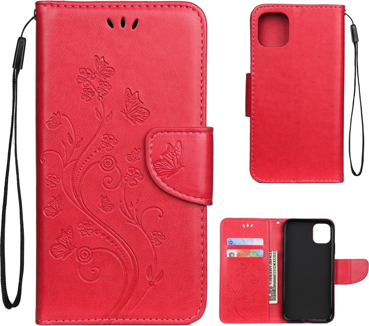 Mobigear Telefoonhoesje geschikt voor Apple iPhone 11 Hoesje | Mobigear Flowers Bookcase Portemonnee | Pasjeshouder voor 2 Pasjes | Telefoonhoesje voor Pinpas / OV Kaart / Rijbewijs - Rood