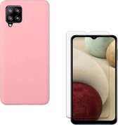 Solid hoesje Geschikt voor: Samsung Galaxy A12 Soft Touch Liquid Silicone Flexible TPU Rubber - licht roze  + 1X Screenprotector Tempered Glass