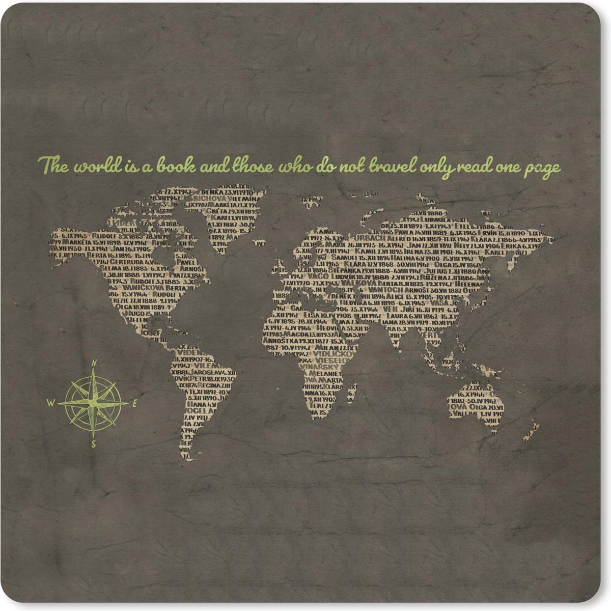 Muismat 30x30 cm - Mousepad Wereldkaart - Krant - Groen - Muismatten