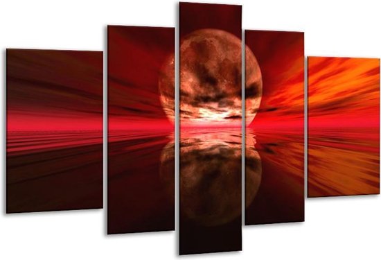 Glasschilderij Zonsondergang - Rood, Oranje, Zwart - 170x100cm 5Luik - Foto Op Glas - Geen Acrylglas Schilderij - 6000+ Glasschilderijen Collectie - Wanddecoratie