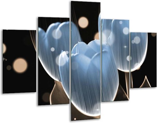 Glasschilderij -  Tulp - Blauw, Zwart - 100x70cm 5Luik - Geen Acrylglas Schilderij - GroepArt 6000+ Glasschilderijen Collectie - Wanddecoratie- Foto Op Glas