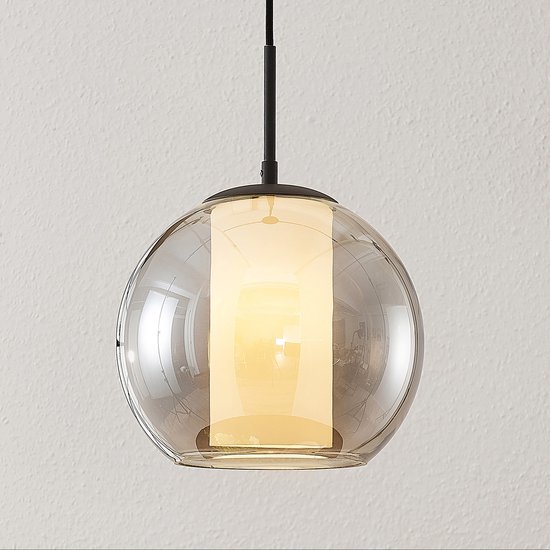 Lindby - hanglamp - 1licht - metaal, glas - H: 22 cm - E27 - rookgrijs, opaal - A++