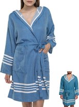 Hamam Badjas Sun Petrol Blue - S - korte sauna badjas met capuchon - ochtendjas - duster - dunne badjas - unisex - twinning