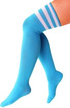 Lange sokken blauw witte strepen - 36-41 - kniekousen lichtblauwe kousen sportsokken cheerleader voetbal hockey unisex