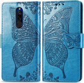 Voor xiaomi redmi 8 vlinder liefde bloem reliëf horizontale flip lederen tas met beugel lanyard kaartsleuf portemonnee (blauw)