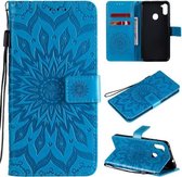 Voor Samsung Galaxy A11 (Amerikaanse versie) Geperst afdrukken Zonnebloempatroon Horizontale flip PU lederen tas met houder & kaartsleuven & portemonnee & lanyard (blauw)