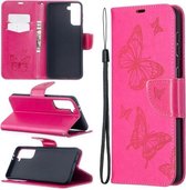 Voor Samsung Galaxy S21 + 5G Embossing Two Butterflies Pattern Horizontale Flip PU Leather Case met Houder & Card Slot & Wallet & Lanyard (Rose Red)