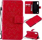 Voor Samsung Galaxy A01 (Amerikaanse versie) Geperst afdrukken Zonnebloempatroon Horizontale flip PU lederen tas met houder & kaartsleuven & portemonnee & lanyard (rood)
