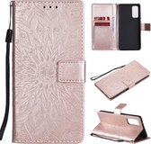 Voor Samsung Galaxy S20 FE Geperst afdrukken Zonnebloempatroon Horizontale Flip PU lederen tas met houder & kaartsleuven & portemonnee & lanyard (Rose goud)