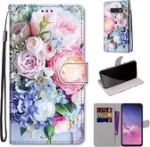 Voor Samsung Galaxy S10e Gekleurde Tekening Cross Textuur Horizontale Flip PU Lederen Case met Houder & Kaartsleuven & Portemonnee & Lanyard (Lichtroze Boeket)