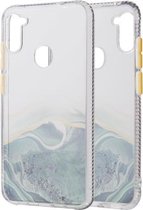 Voor Samsung Galaxy A11 marmerpatroon glitterpoeder schokbestendig TPU-hoesje met afneembare knoppen (groen)