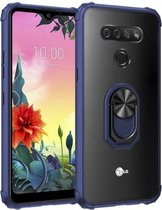 Voor LG K51 schokbestendig transparant TPU + acryl hoesje met ringhouder (blauw)