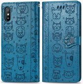 Voor Geschikt voor Xiaomi redmi 9a schattige kat en hond reliëf horizontale flip lederen tas met houder & kaartsleuven & portemonnee & lanyard (blauw)