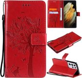 Voor Samsung Galaxy S21 Ultra 5G Tree & Cat Pattern Pressed Printing Horizontale Flip PU lederen tas met houder & kaartsleuven & portemonnee & lanyard (rood)