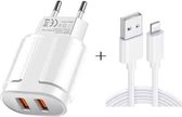 Dubbele USB draagbare reisoplader + 1 meter USB naar 8-pins datakabel, EU-stekker (wit)